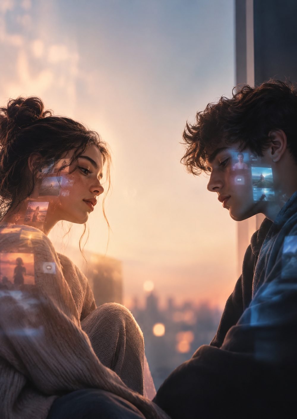 Una chica y un chico, frente a frente junto a una ventana, al atardecer.
