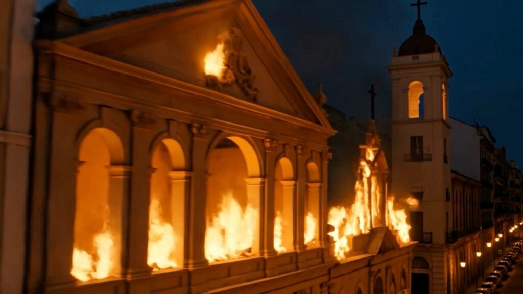 Una iglesia con columnata ardiendo de noche en una calle de ciudad.
