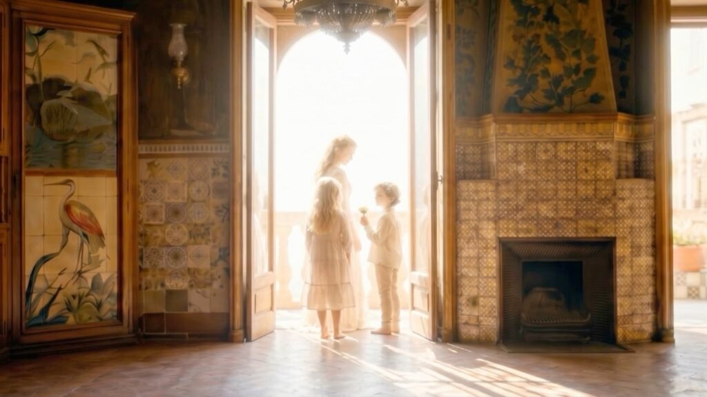 Una mujer y dos niños junto a un ventanal luminoso en un salón modernista con azulejos.